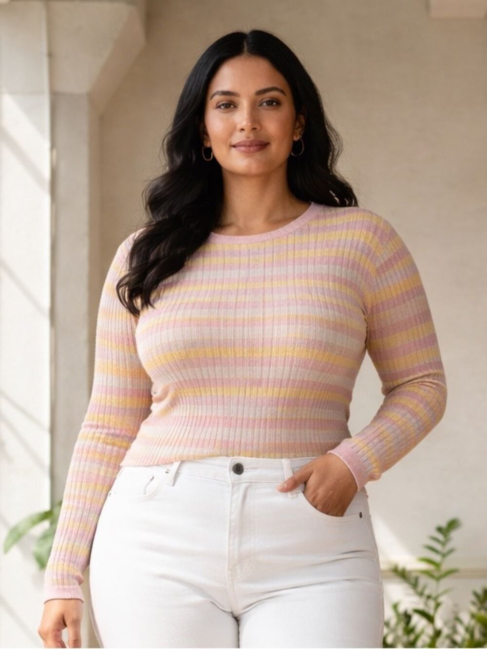 Ann Taylor Pastel Yellow & Pink Striped Pointelle Knit Sweater Top Sz L stretchy